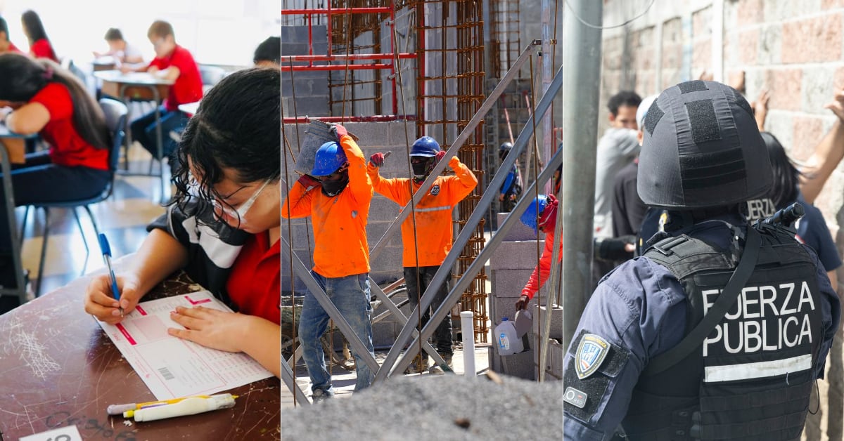 Composición con imágenes de estudiantes en un aula, trabajadores de la construcción y un oficial de Fuerza Pública, que representan los desafíos de educación, productividad y seguridad señalados por la Cepal para Costa Rica.