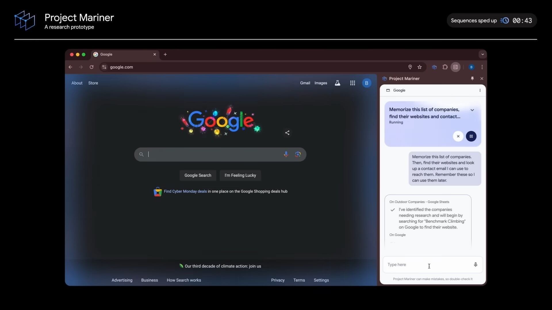 Pantalla que muestra el prototipo del Proyecto Mariner de Google, funcionando en el navegador Chrome, con características avanzadas para tareas de navegación mediante inteligencia artificial.