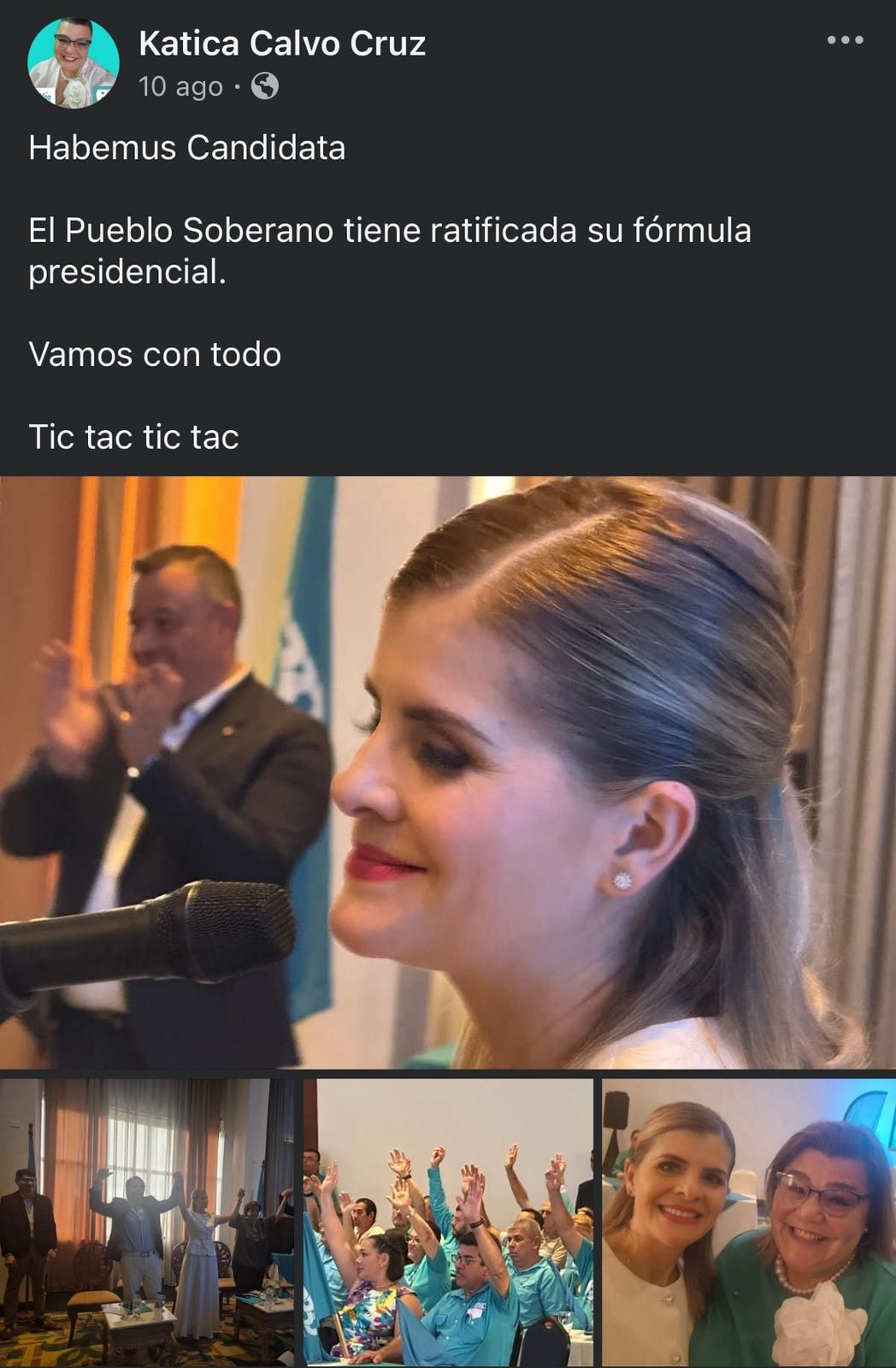 La funcionaria del Inamu, Kattia Calvo, en una asamblea de Pueblo Soberano donde se ratificó a Laura Fernández como candidata presidencial.