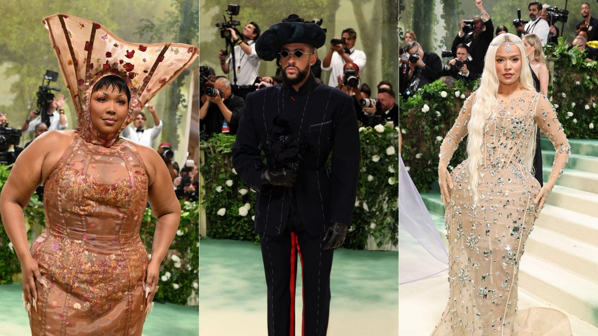 Lizzo, Bad Bunny y Karol G en el Met Gala 2024.