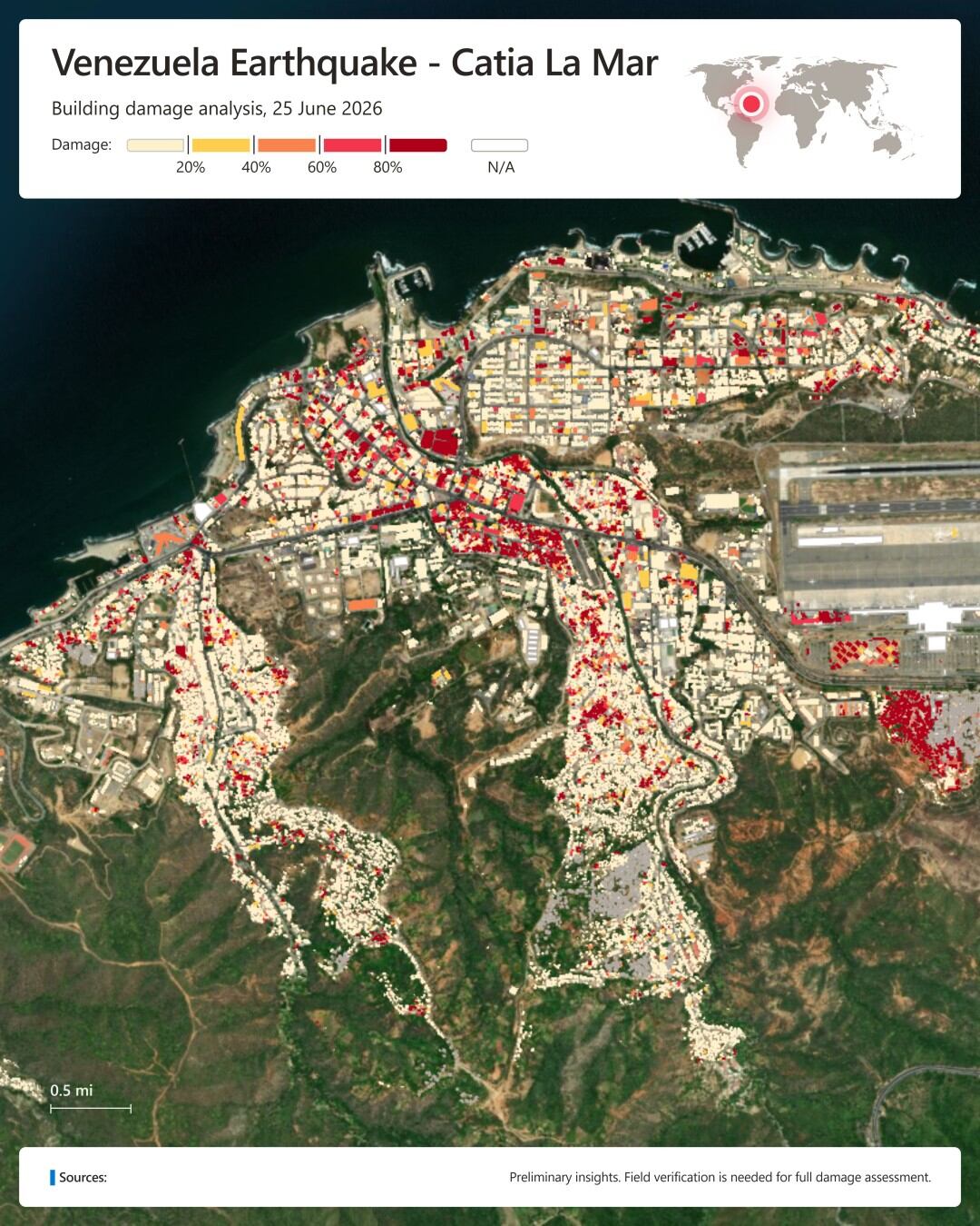 Infógrafico de OCHA y Microsoft AI for Good Lab que muestra la afectación de edificios en Catia la Mar, Venezuela, tras los terremotos.