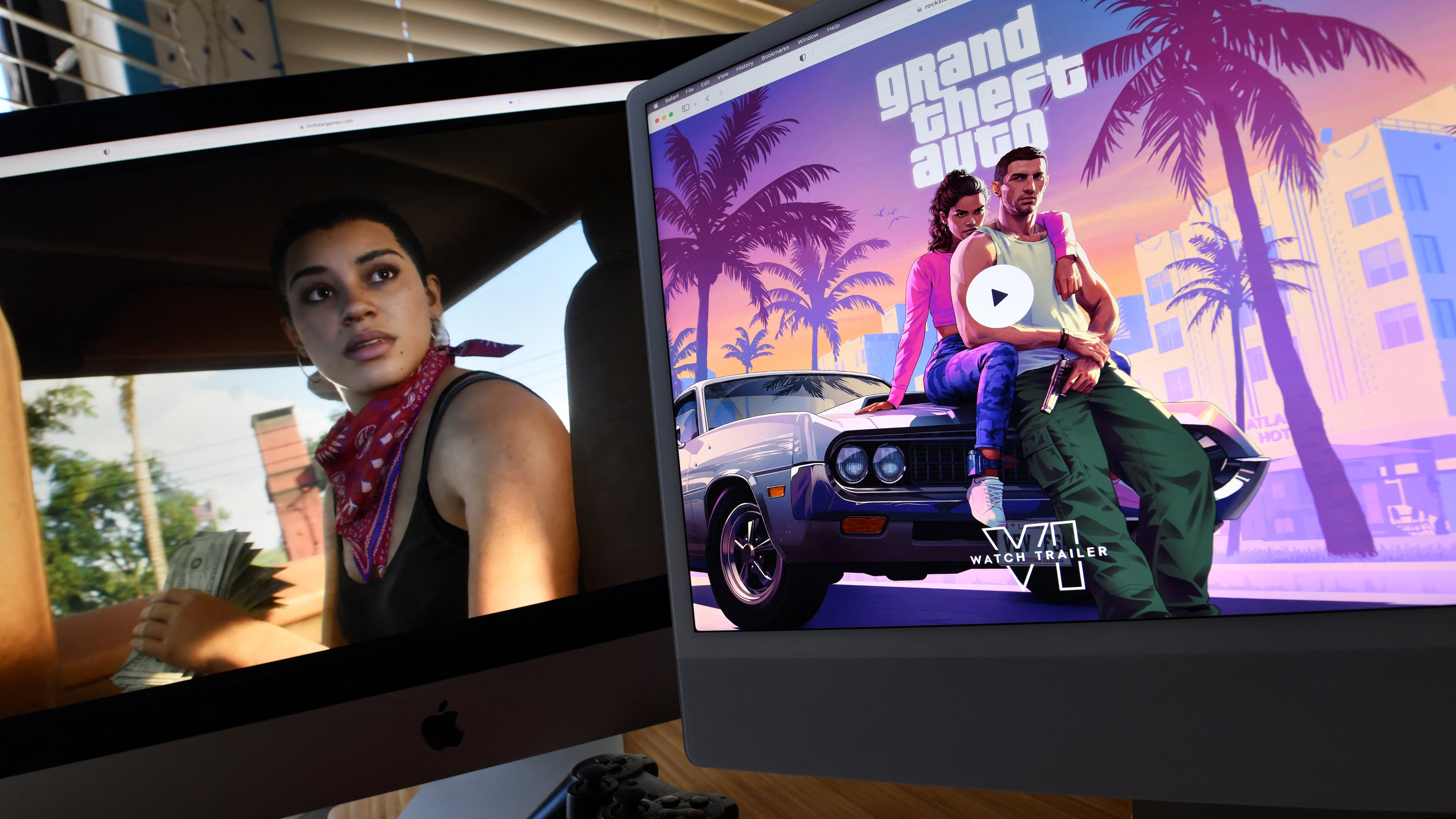 Tráiler de Grand Theft Auto VI de Rockstar Games reproducido en pantallas de ordenador.