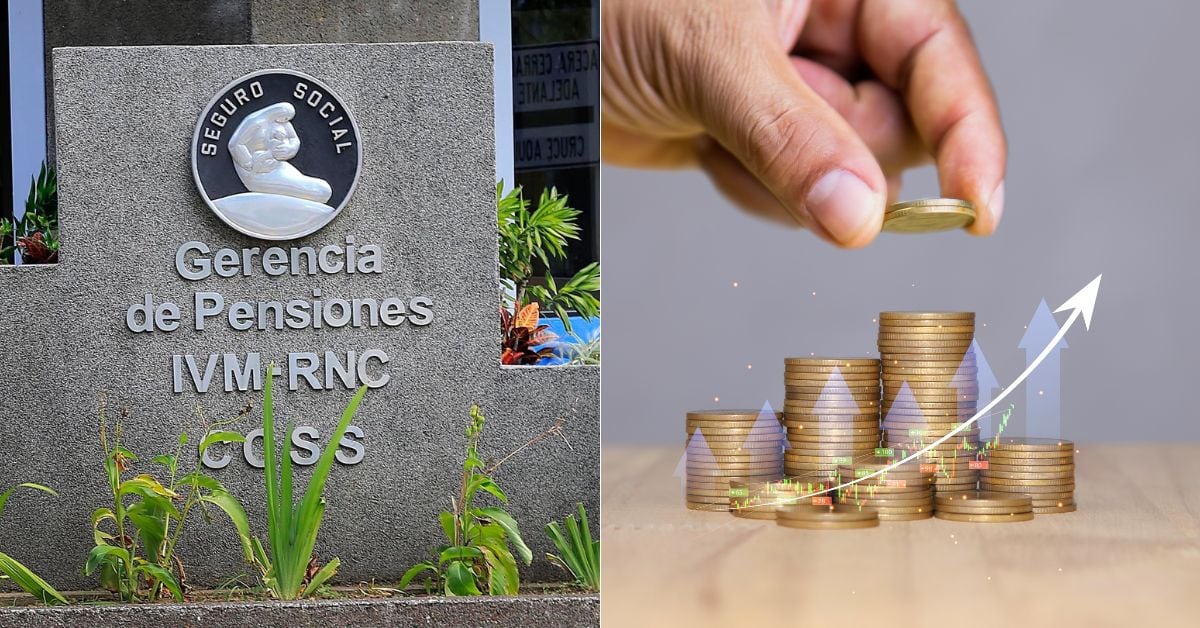 En la imagen, la fachada de la Gerencia de Pensiones de la CCSS y una imagen de stock con monedas creciendo