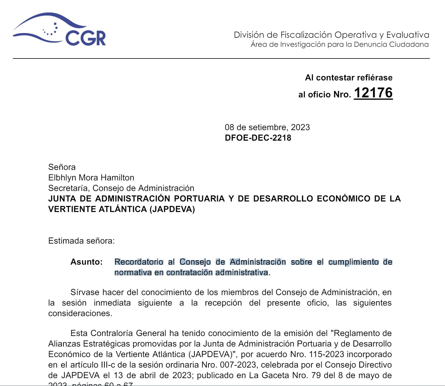 8 de setiembre del 2023 Recordatorio a Japdeva de cumplir ley en marina y terminal de cruceros de Japdeva
