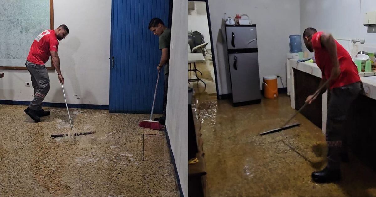 Personal de la Cruz Roja debió sacar el agua de las instalaciones con escobas. (Fotografía suministrada por Edgar Chinchilla, corresponsal GN)