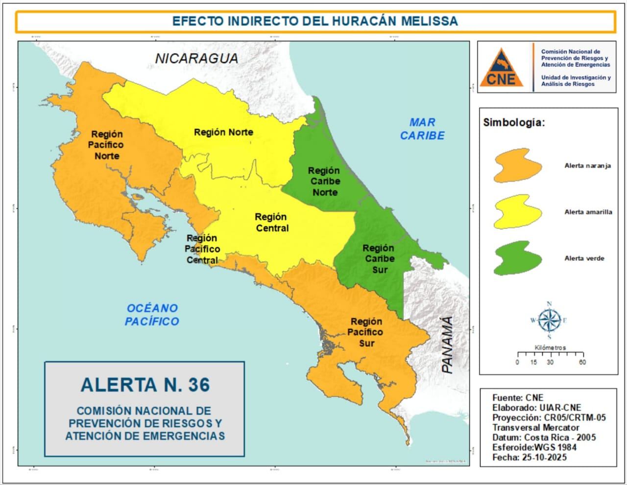 La CNE actualizó las alertas en el país por la influencia indirecta del Huracán Melissa.