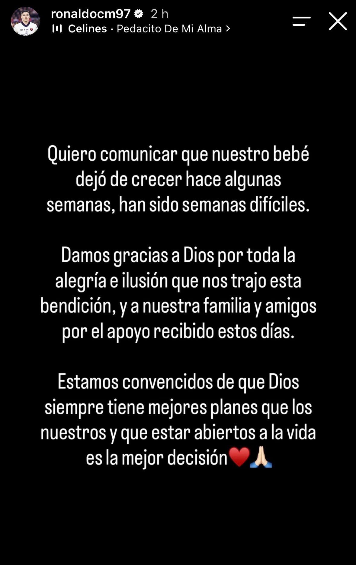 Este es el mensaje que Ronaldo Cisneros publicó en su cuenta de Instagram.