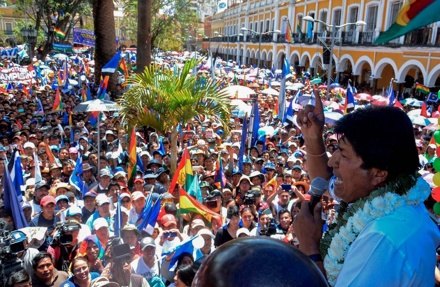 Bolivian President Evo Morales speaks to supporters in Cochabamba, Bolivia, on October 24, 2019, after Sunday's election. - Bolivian President Evo Morales declared victory Thursday in elections whose disputed results have triggered riots, a general strike and opposition charges that he is trying to steal the election to secure a fourth straight term. (Photo by STR / AFP)