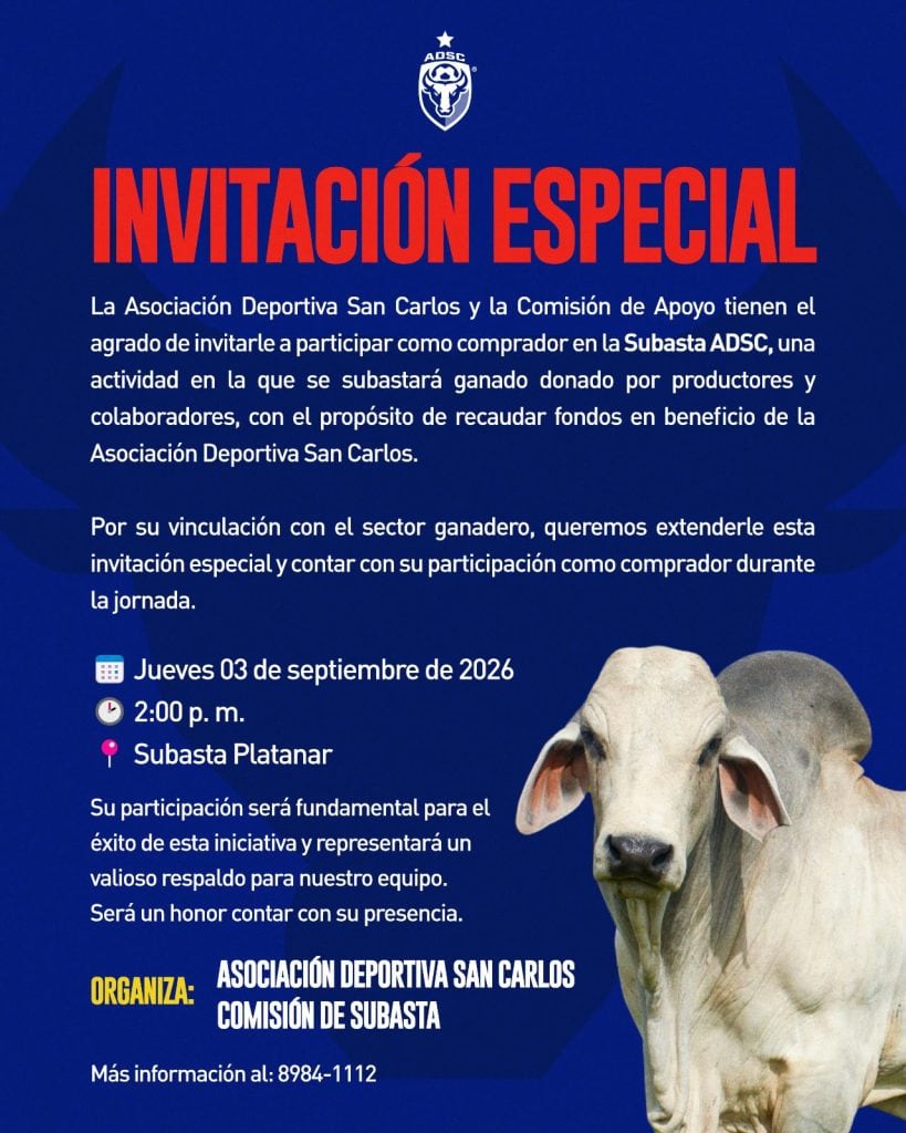 La Asociación Deportiva San Carlos anunció su subasta de ganado para recaudar fondos.