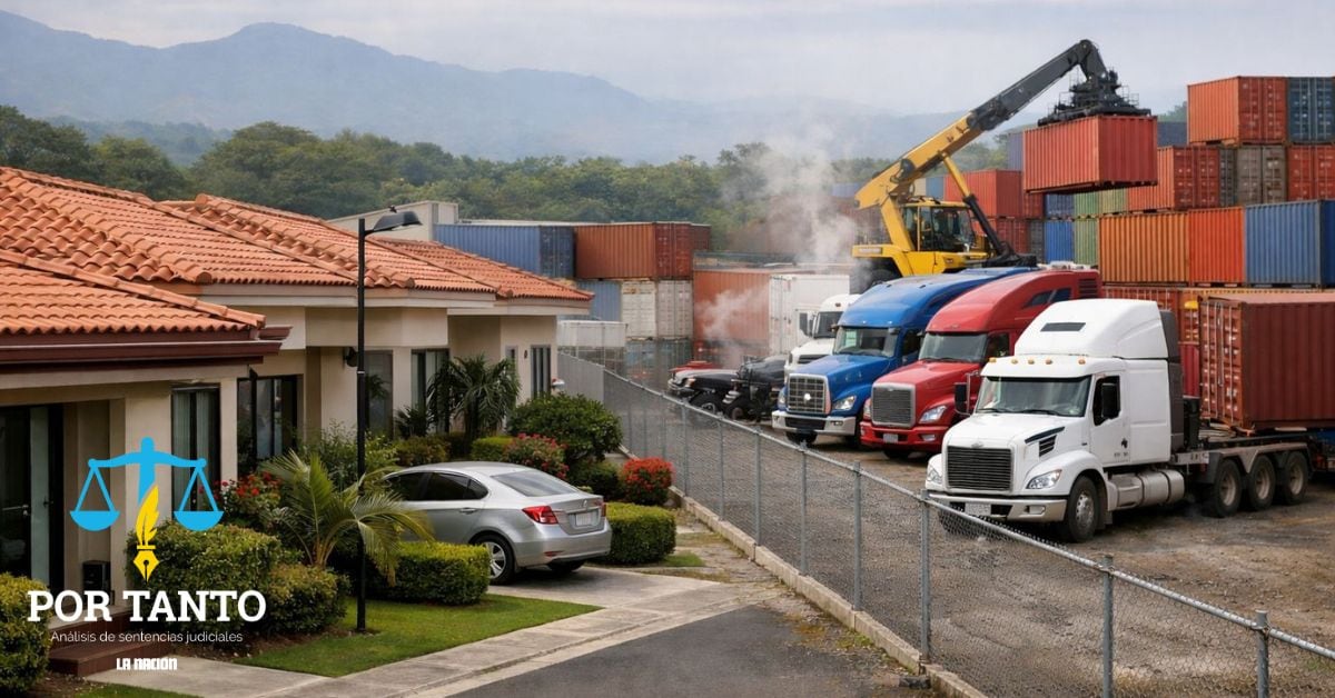 En la imagen (IA) un condominio y a la par un parqueo de camiones y contenedores