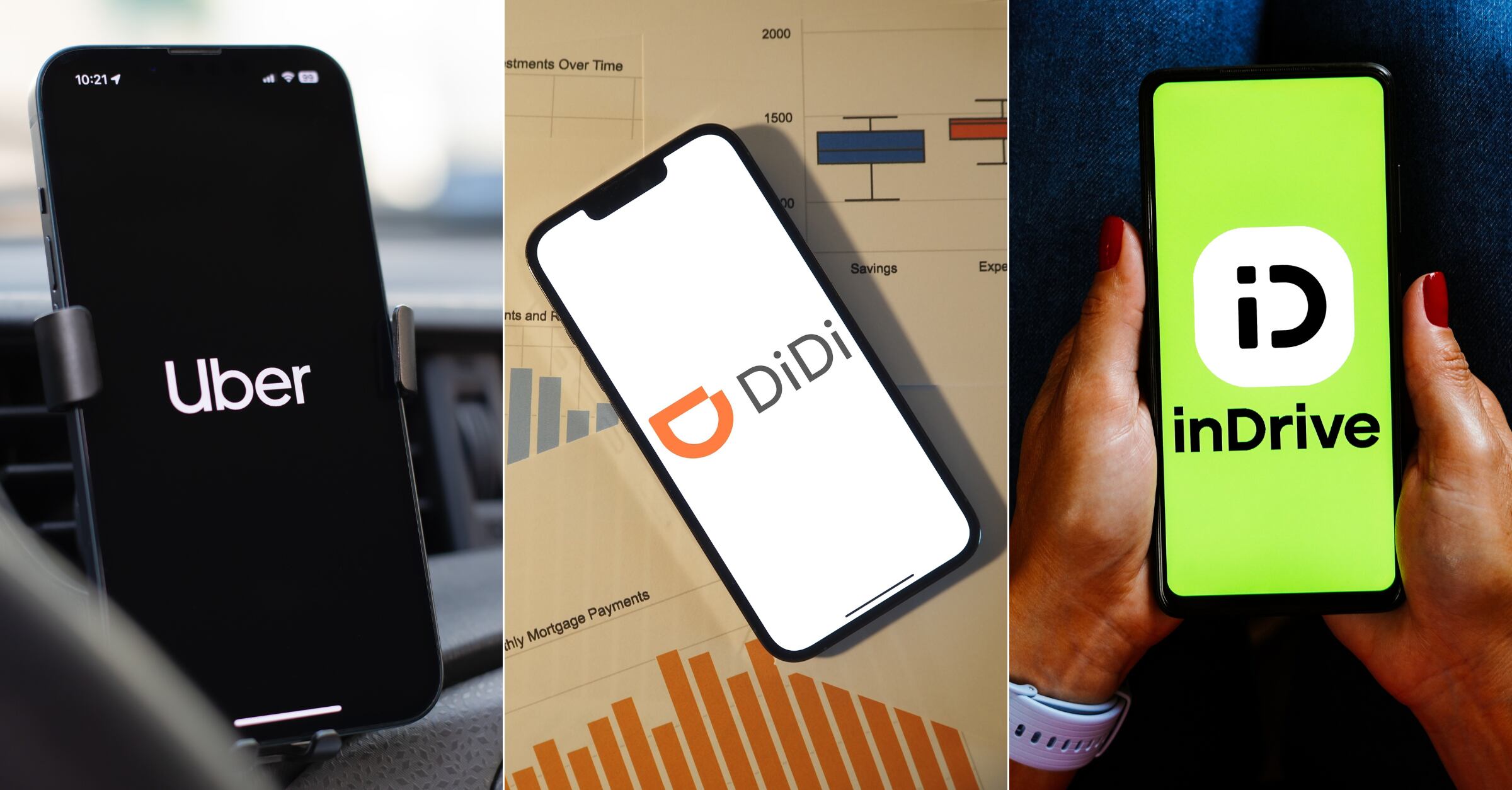 Teléfonos móviles muestran las aplicaciones de transporte Uber, Didi e InDrive, utilizadas en Costa Rica. Un estudio indica que los costarricenses buscan información sobre oportunidades laborales y seguridad en estas plataformas.