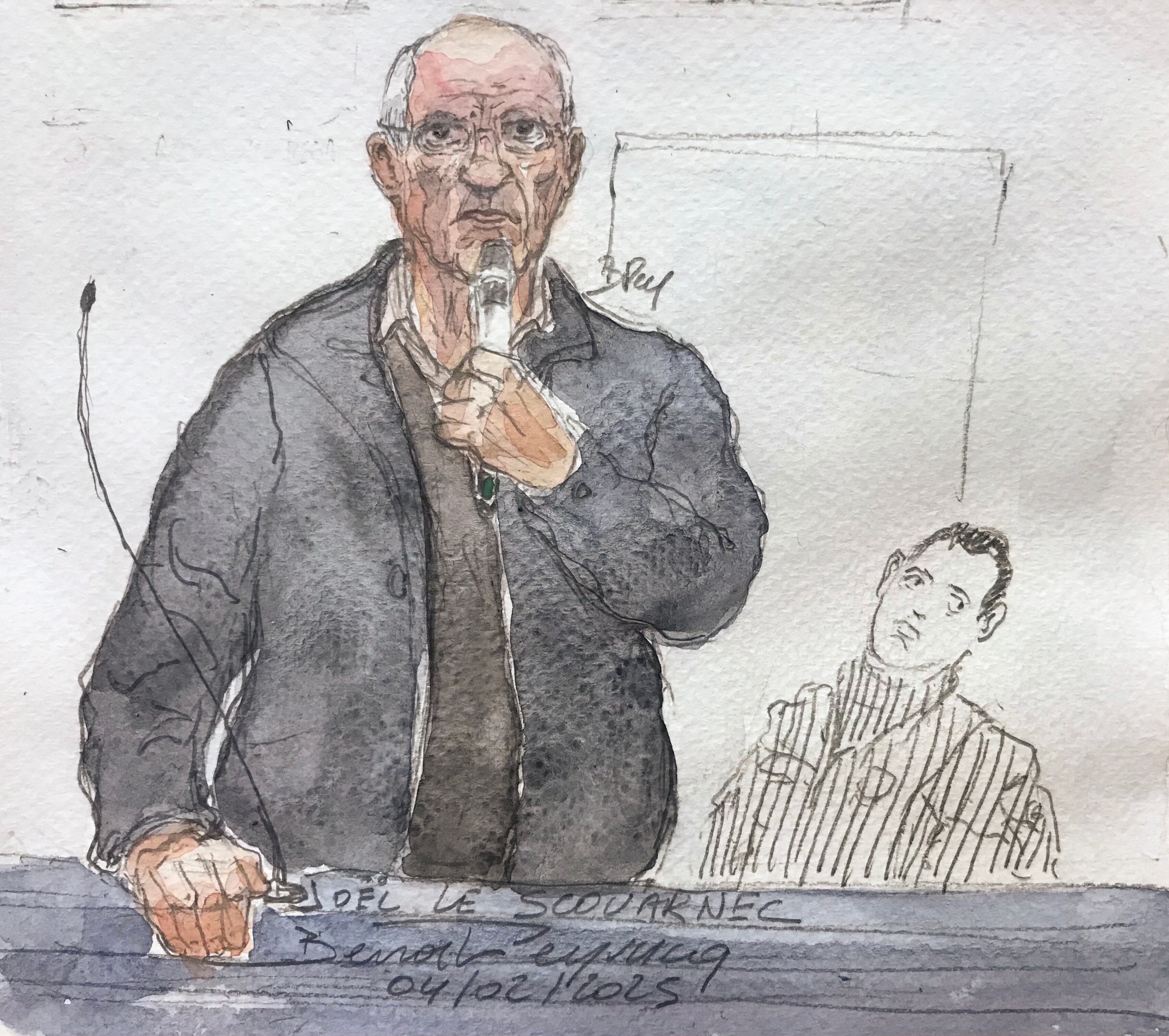 Este breve dibujo, creado el 4 de marzo de 2025, muestra al francés Joel Le Scouarnec (izq.) hablando durante su juicio por agresión o violación sexual a 299 pacientes, en el Tribunal Penal de Vannes.