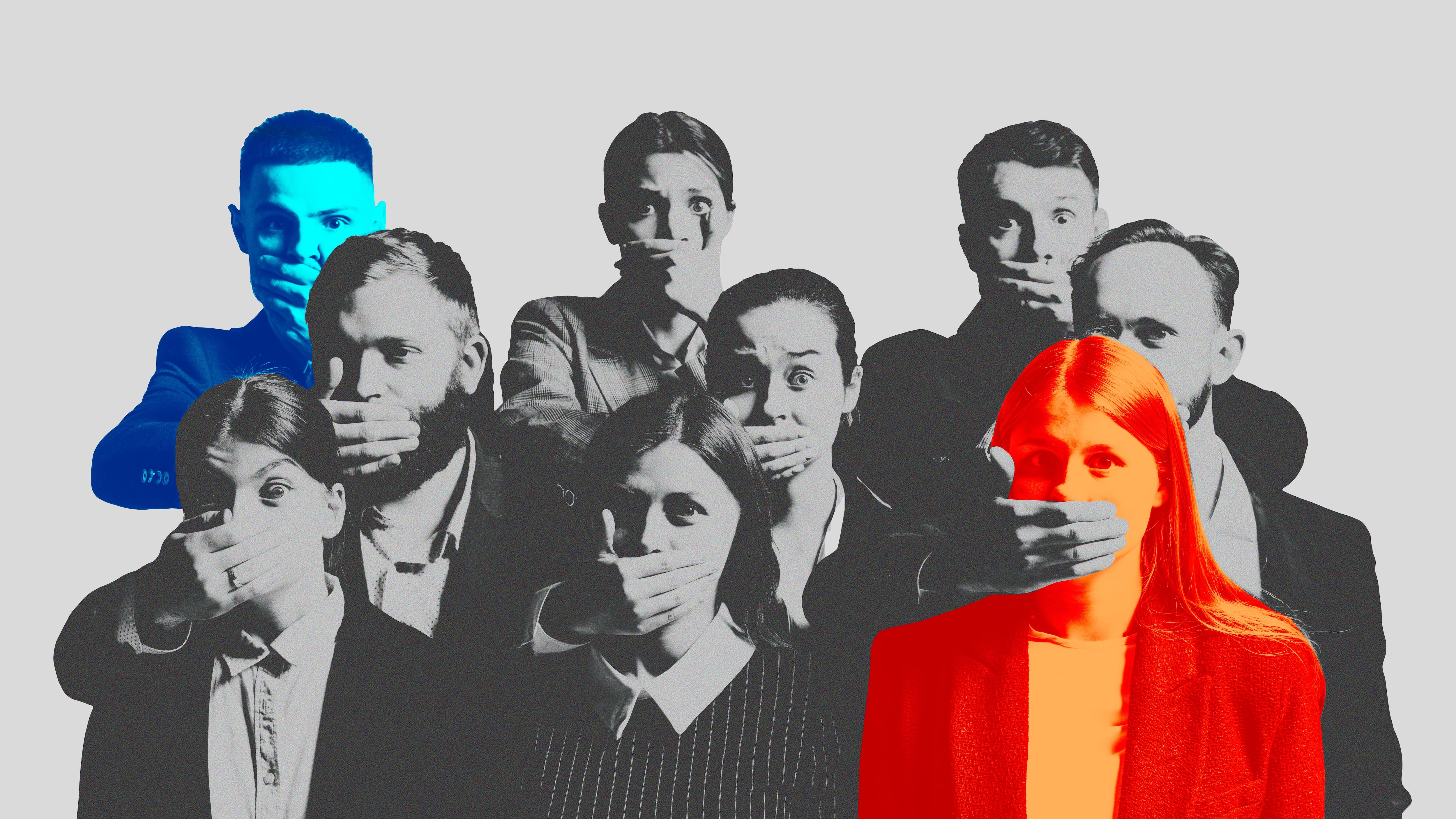 Ataque a la libertad de expresión, represión, censura, autocensura, collage personas con la boca tapada