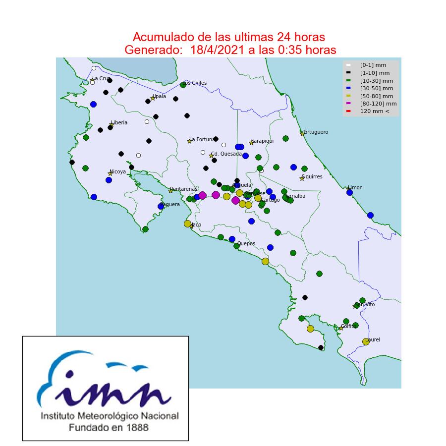 Los puntos morados y amarillos muestran las zonas con más precipitaciones caídas el sábado. Imagen: IMN