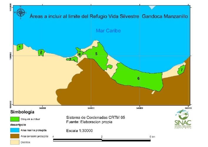 En color verde aparecen los bloques de tierra que, según un equipo técnico del Sinac, deben volver a los límites del refugio Gandoca-Manzanillo. En total, se trata de 231,82 hectáreas. Foto: Captura de pantalla del oficio SINAC-ACLAC-DR-138-2023