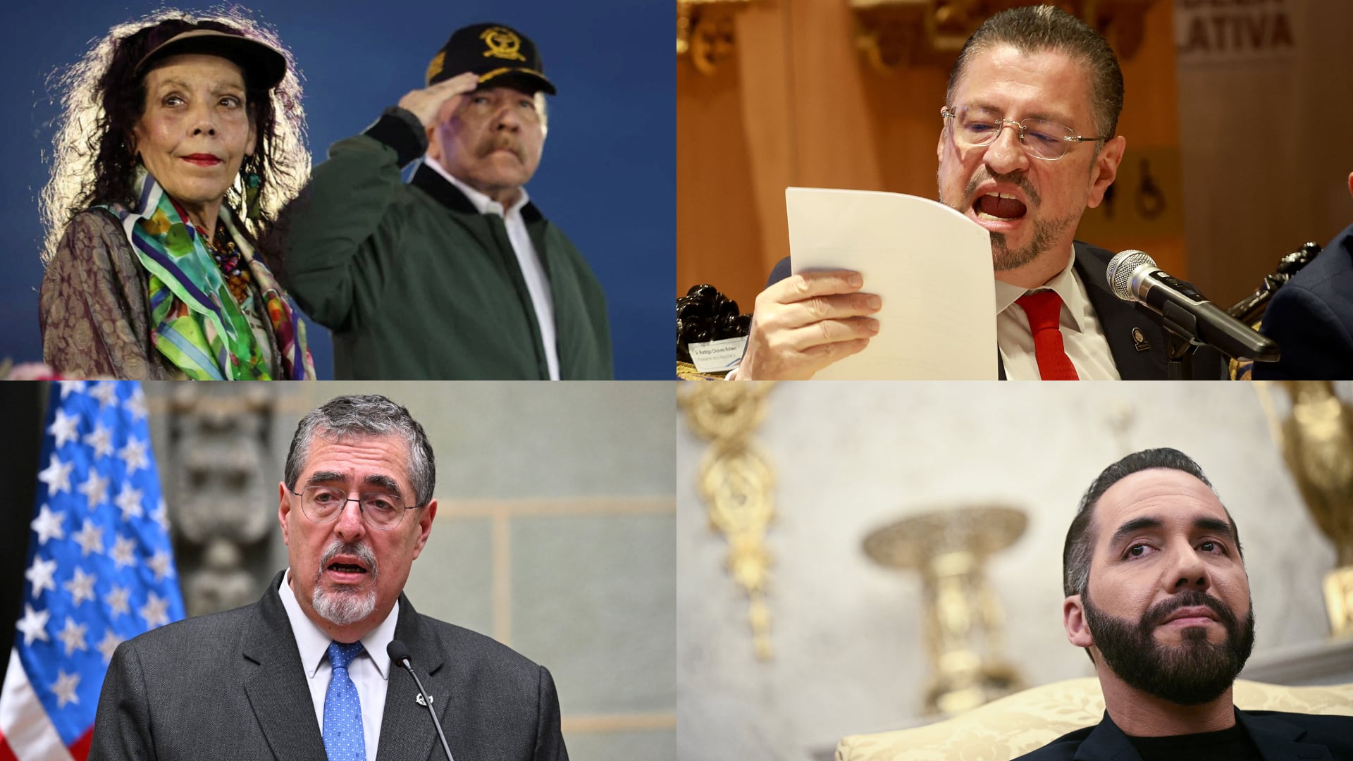 Pareja presidencial de Rosario Murillo y Daniel Ortega (Nicaragua); Rodrigo Chaves (Costa Rica), Bernardo Arévalo (Guatemala) y Nayib Bukele (El Salvador)