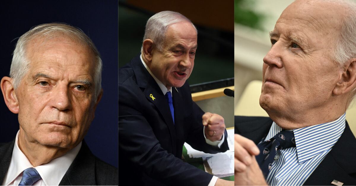 Rostros de Josep Borrell, Benjamin Netanyahu y Joe Biden en un collage representando las tensiones por la decisión de la CPI.