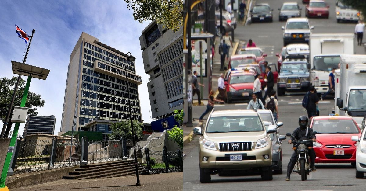 en la imagen la fachada de la CCSS y una calle con motos y vehículos