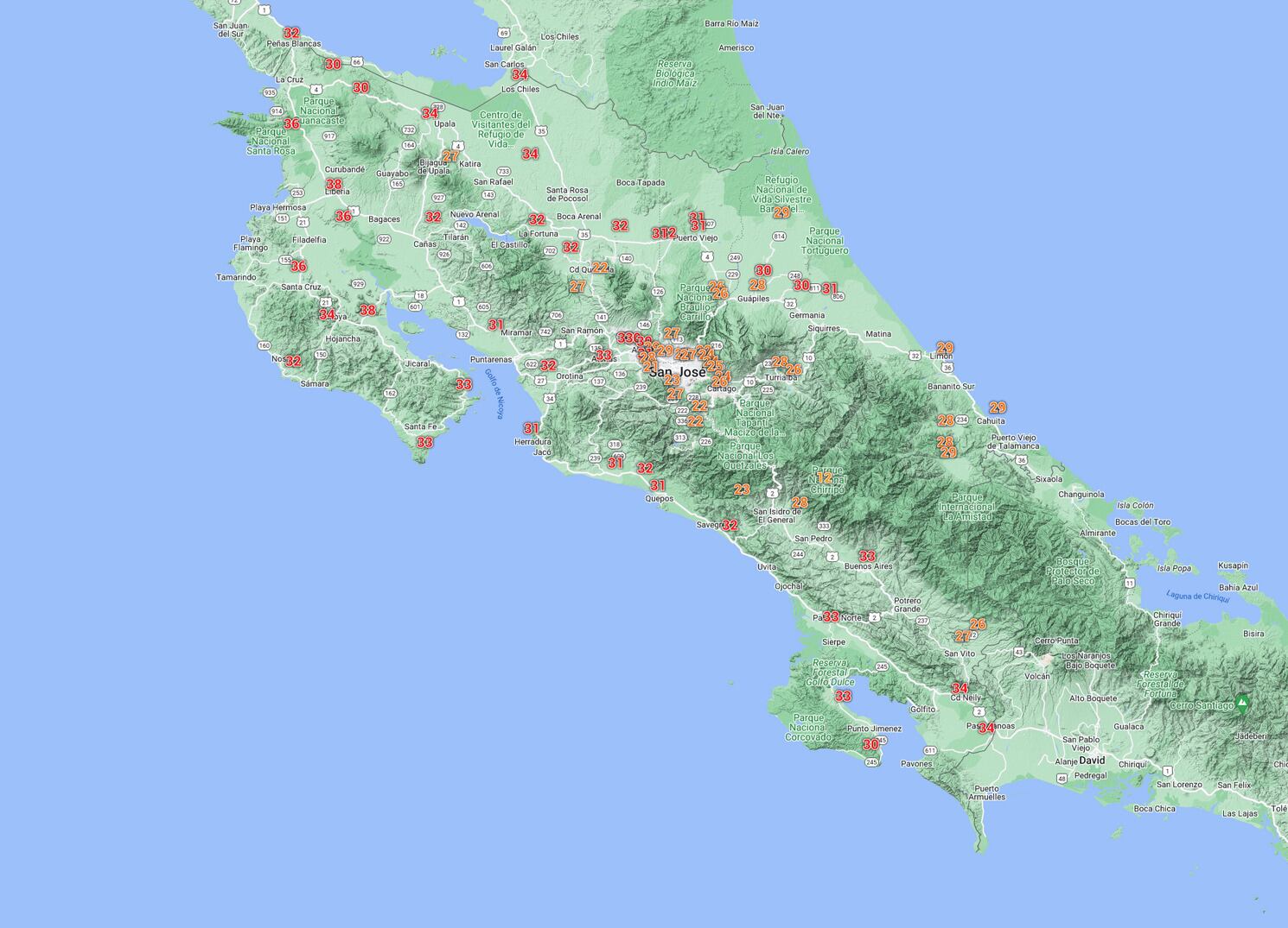 Al ser las 4 p. m. del jueves 7 de marzo, múltiples puntos del país alcanzaron valores mayores a los 30 grados Celsius.