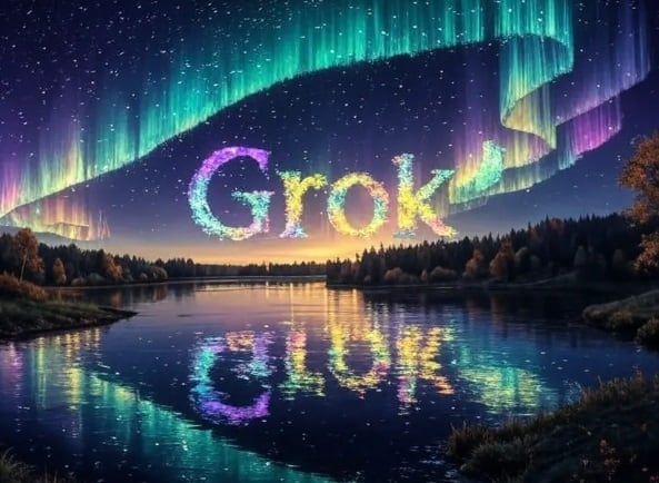 Imagen artística con auroras boreales reflejadas en un lago, con el texto "Grok" destacado, representando el modelo de generación de imágenes Aurora de X.ai.