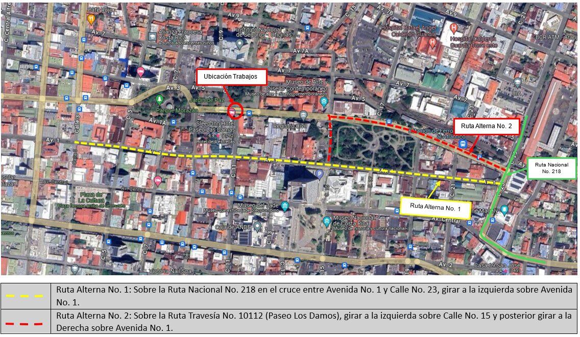 Esta vista aérea precisa dos rutas alternas para conductores y la localización de las obras en el puente Las Damas en el centro de San José. Fotografía: Conavi.