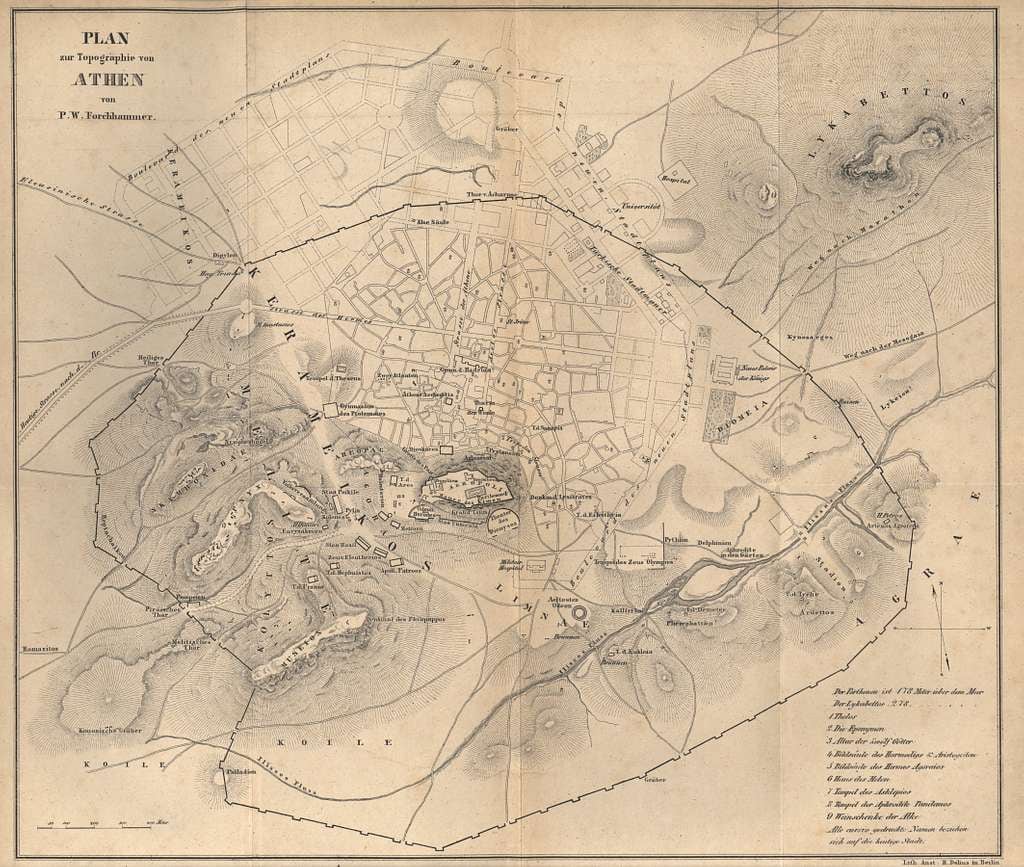 Mapa de la antigua ciudad de Atenas. De: P. W. Forchhammer (1801-1894), Topographie von Athen. En: Kieler philologische Studien. Kiel: Schwer'sche Buchhandlung, 1841. Digitalizado a partir del ejemplar original conservado en la Biblioteca de la Universidad de Tréveris por Bibhai.