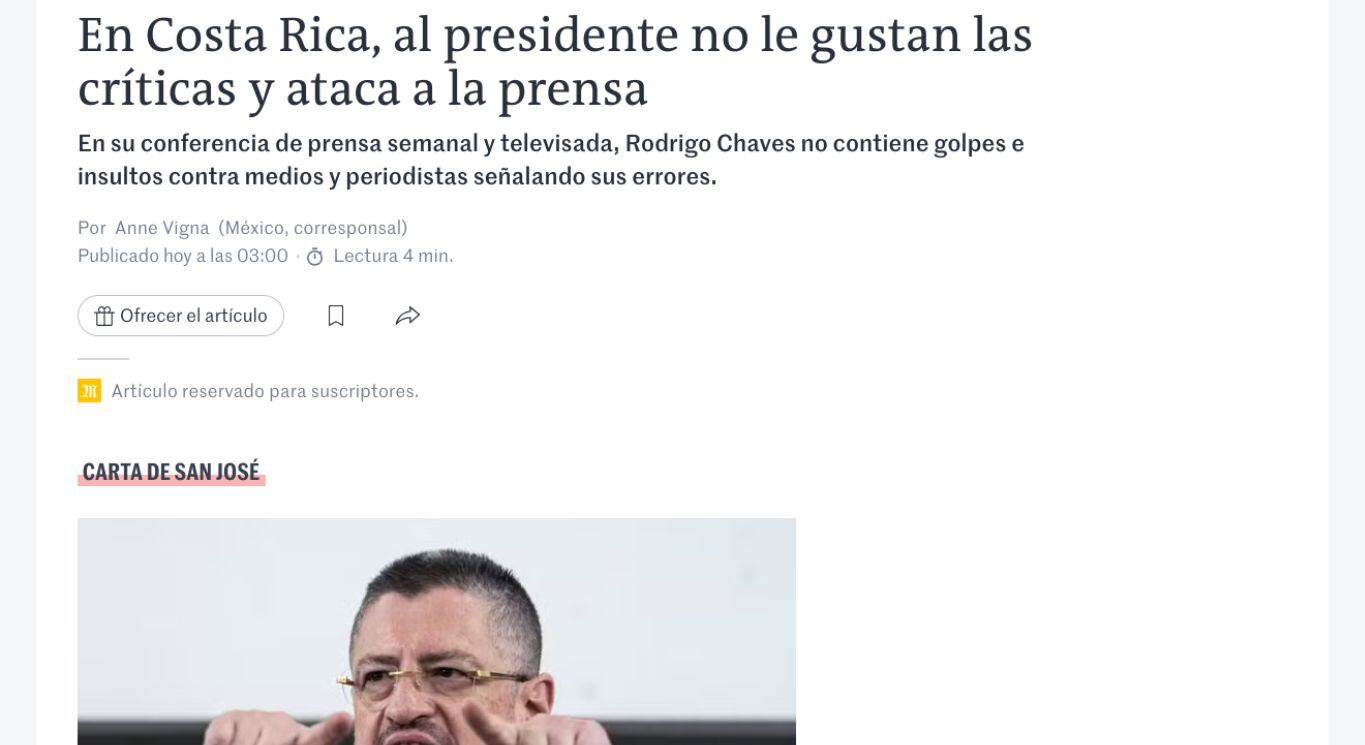 Captura de pantalla de la publicación de el diario 'Le Monde' de Francia sobre los insultos del presidente Rodrigo Chaves a la prensa