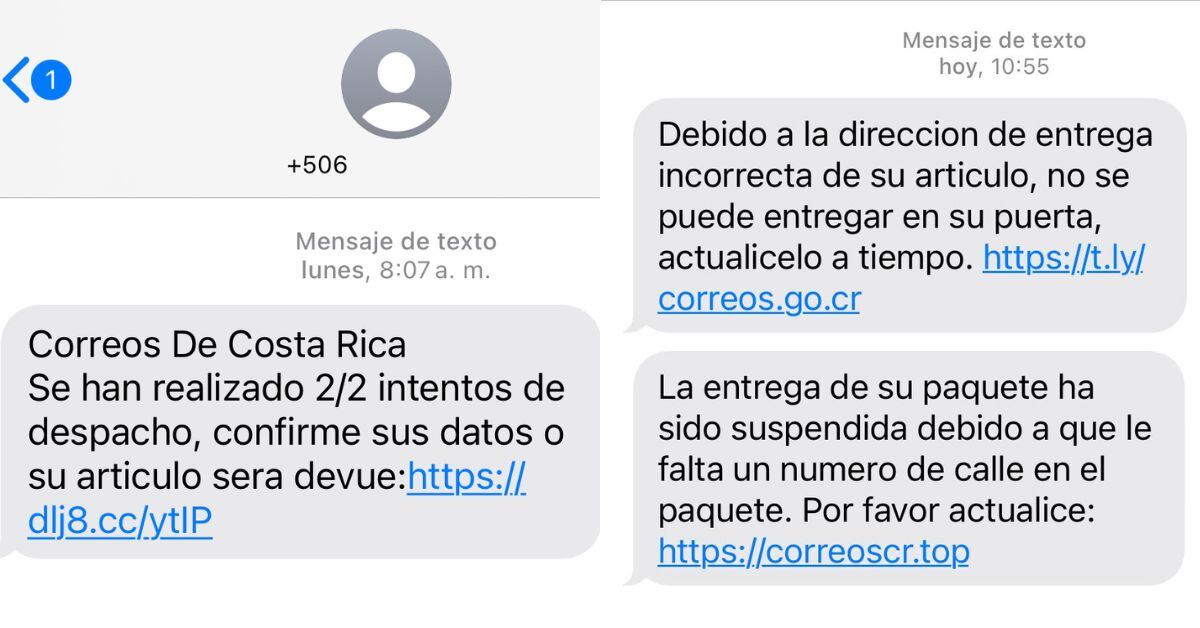 La entidad compartió ejemplos de los mensajes que diferentes usuarios han reportado recibir, donde se les solicita compartir información personal. (Foto: cortesía Correos de Costa Rica)