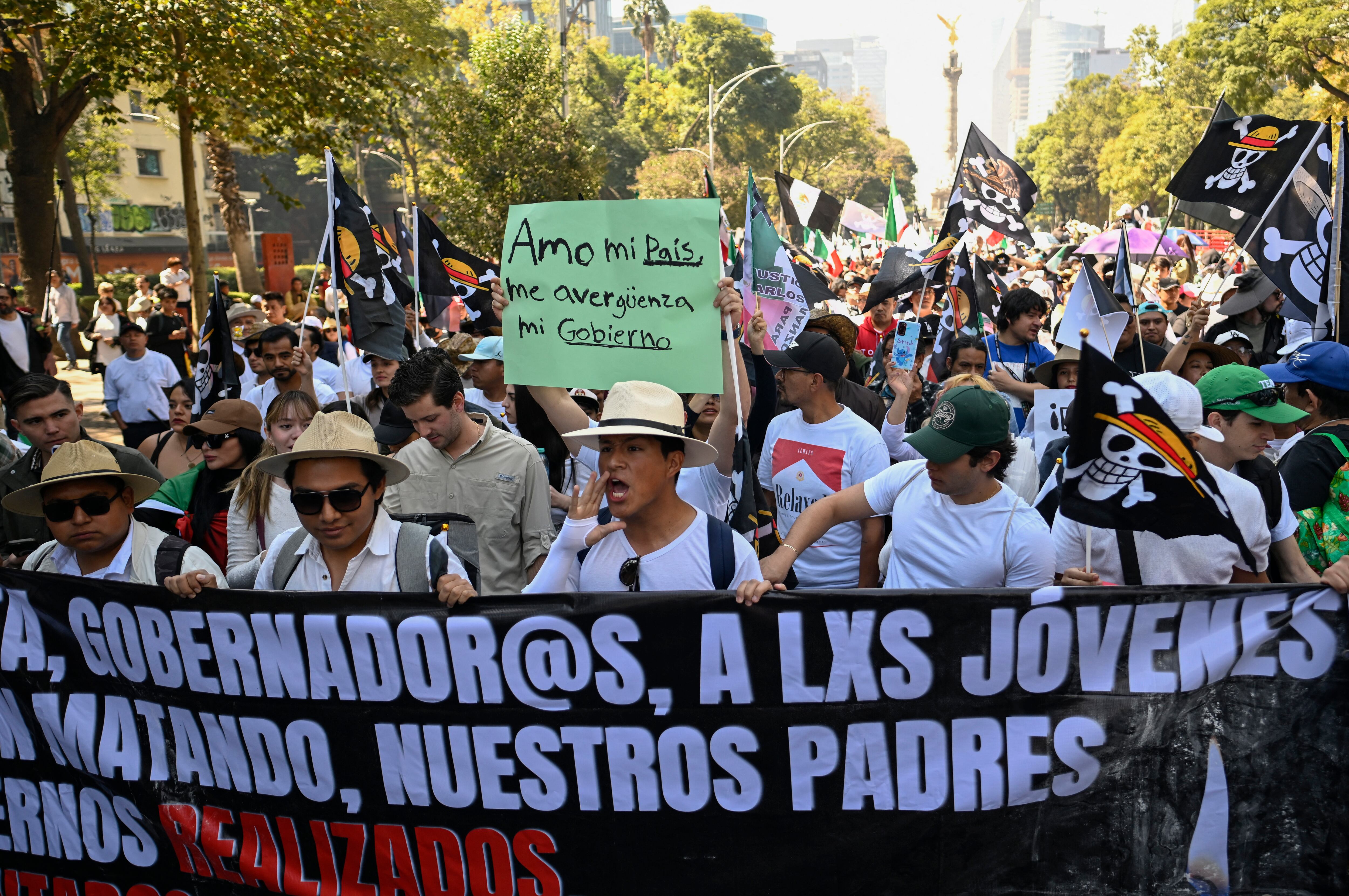 Demonstrators attend a march against the government of Mexico�s President Claudia Sheinbaum in Mexico City on November 15, 2025. (Photo by Alfredo ESTRELLA / AFP)