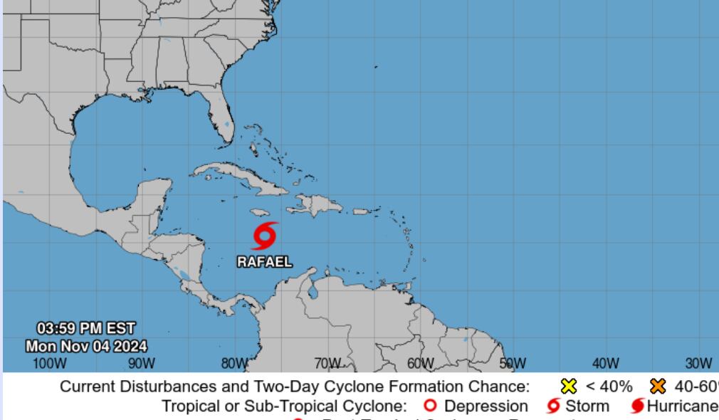 La tormenta tropical Rafael se consolidó la tarde de este 4 de noviembre a unos 600 kilometros de neutras costas y tendrá efecto indirecto con lluvias hasta el martes. Imagen: Centro Nacional de Huracanes.