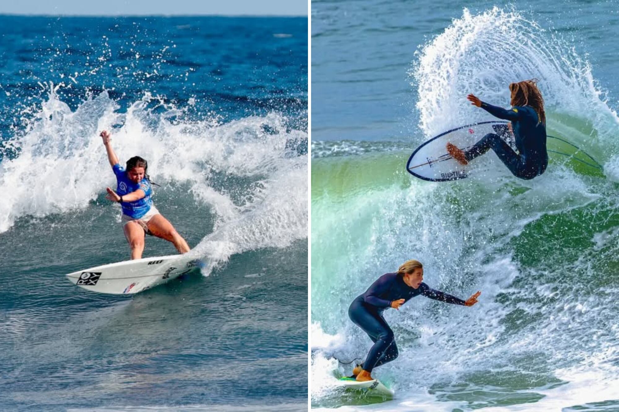 Rachel Agüero finaliza su participación llegando hasta las semifinales del Panamericano de Surf Guatemala 2025 y a la derecha Leilani McGonagle y Carlos Muñoz compartiendo una ola previo al inicio del tercer evento de la temporada Challenger Series