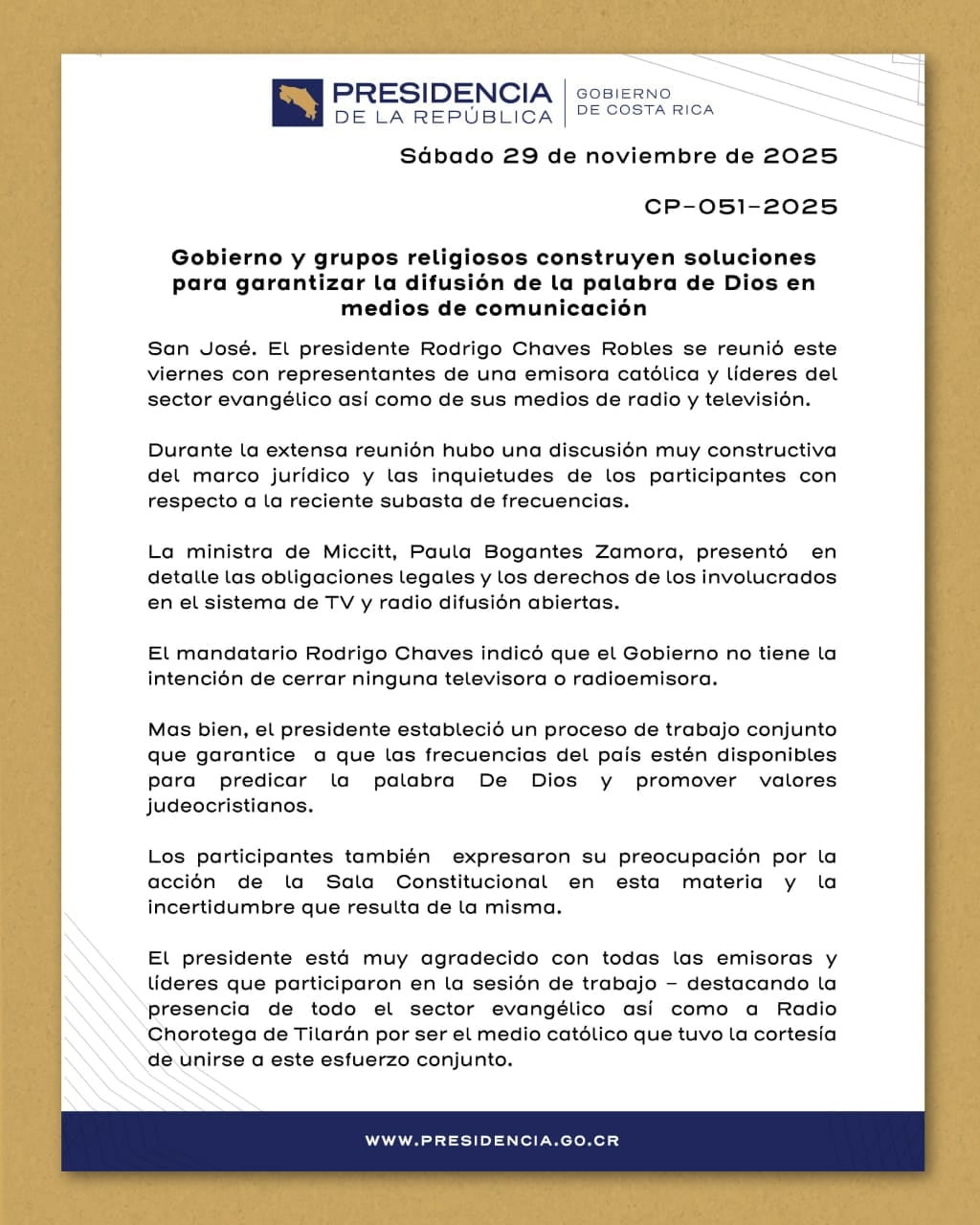 Comunicado de Casa Presidencial donde se lee “más bien, el presidente estableció un proceso de trabajo conjunto que garantice que las frecuencias del país estén disponibles para predicar la Palabra de Dios y promover valores judeocristianos”. Fotografía: