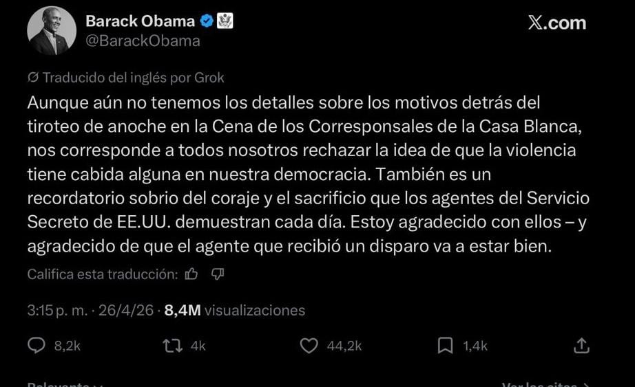 Mediante una publicación en X, el exmandatario Barack Obama expresó su rechazo al tiroteo en la gala de corresponsales y llamó a la unidad frente a la violencia, en un evento donde estaba Donald Trump.