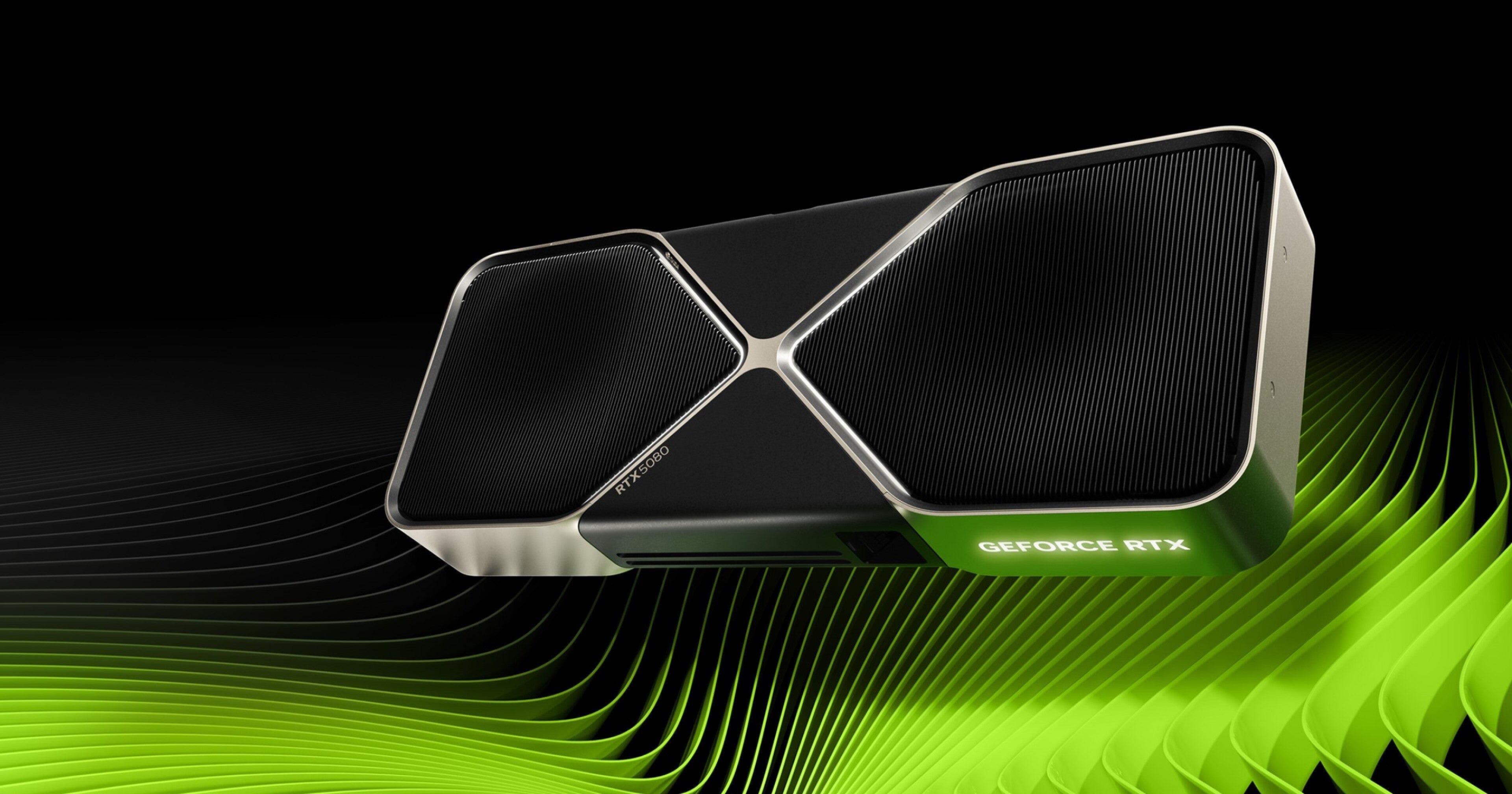 Detalle de la GPU NVIDIA RTX 5080 con diseño moderno en color negro y líneas verdes en el fondo.