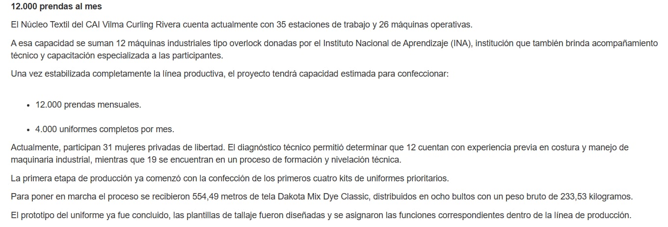 Comunicado de prensa del Ministerio de Justicia y Paz del 12 de agosto donde detallan cantidad de material donado y uniformes en proceso.