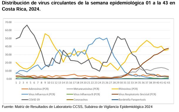 Esta es la circulación de los virus respiratorios en las últimas semanas en Costa Rica. Los tres principales son los que más afectan a la población pediátrica y mantienen saturado al Hospital Nacional de Niños.
Gráfico: Ministerio de Salud