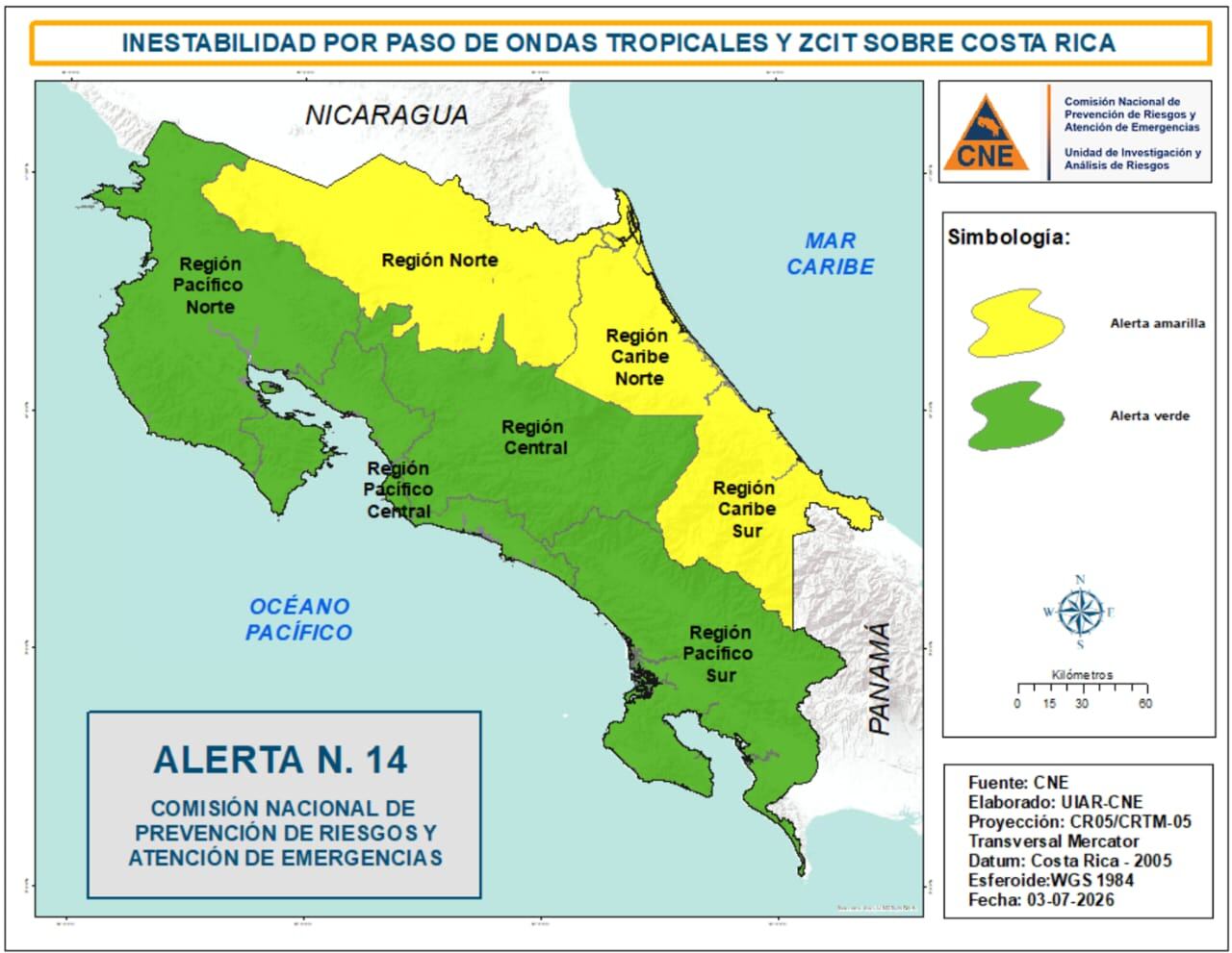 CNE eleva alerta en el Caribe y zona norte por aumento de lluvias.
