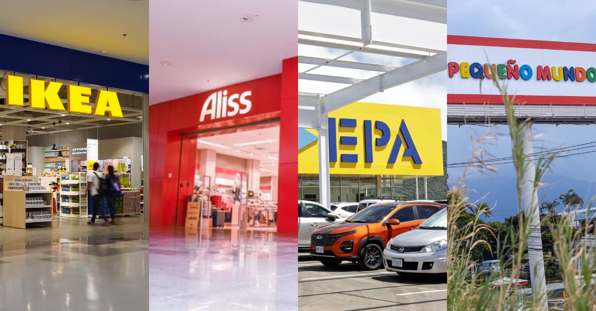 Montaje con imágenes de establecimientos de IKEA, Aliss, EPA y Pequeño Mundo, empresas que participan en el mercado de muebles, artículos para el hogar, decoración, jardín y otras categorías de consumo en Costa Rica. IKEA anunció la apertura de tres tiendas físicas en Lindora, Curridabat y Escazú.