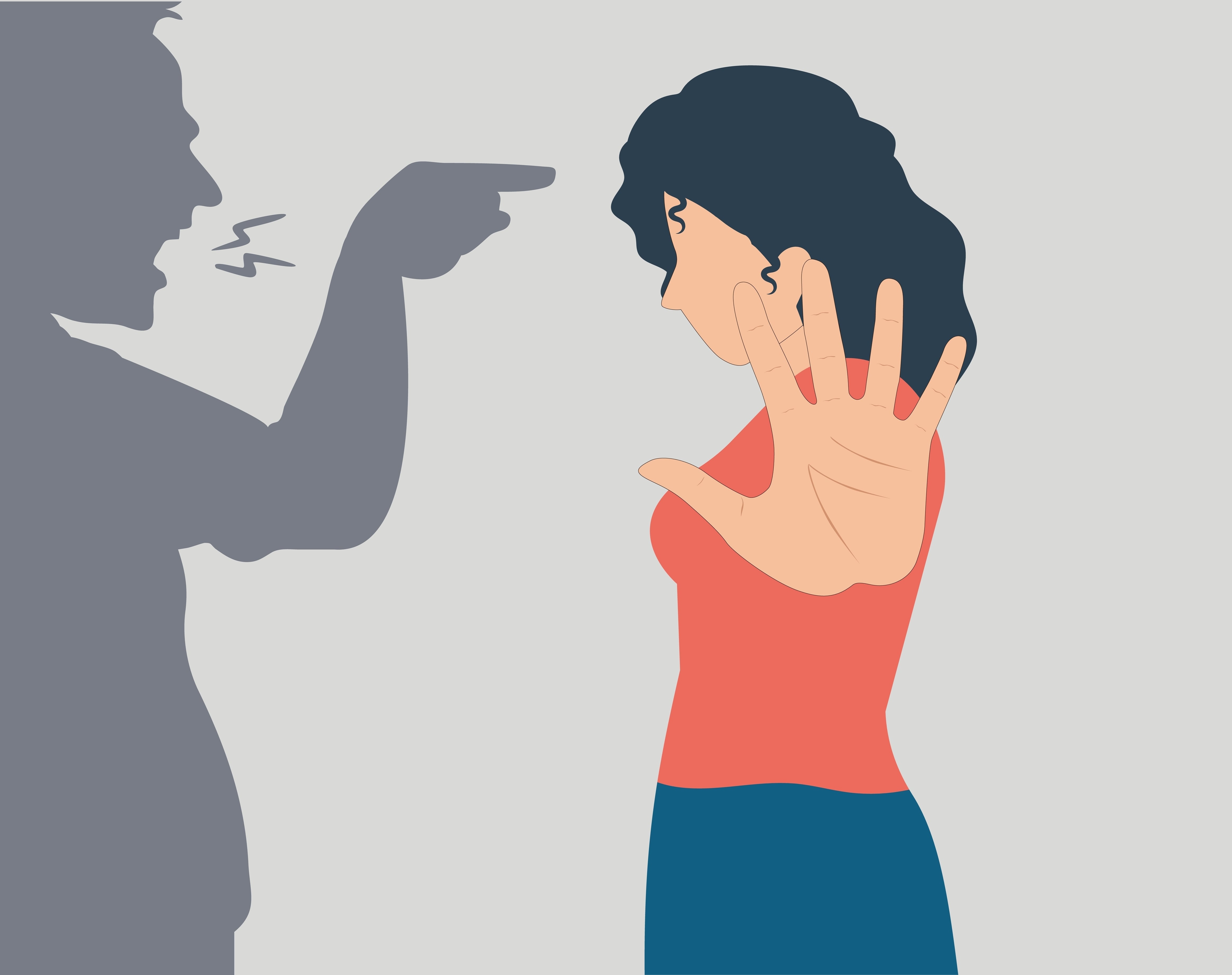 Machismo, brutalidad masculina, agresión, gritos y acoso masculino. Sombra de hombre gritándole a mujer, quien dice basta con la mano