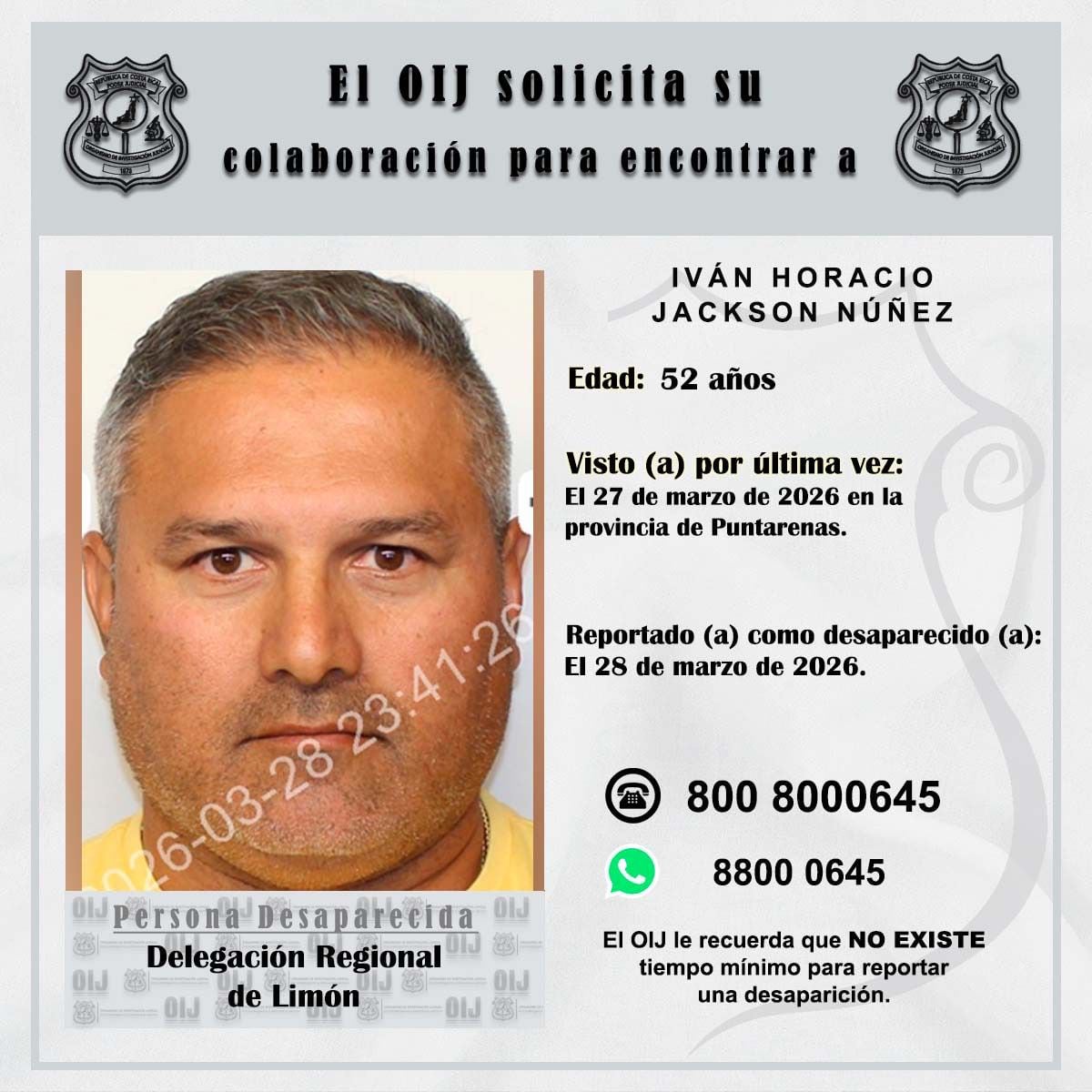 El OIJ pide ayuda para ubicar a este hombre desaparecido desde el 27 de marzo.