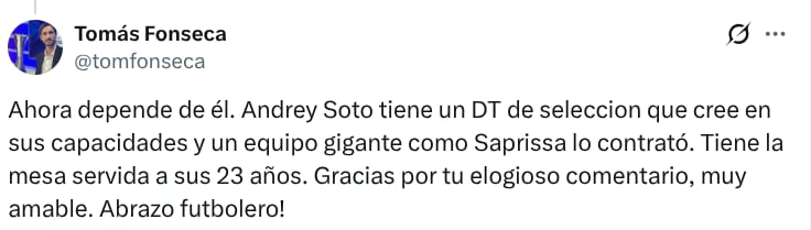 Tomas Fonseca analista de FOX, elogió el trabajo de Andrey Soto