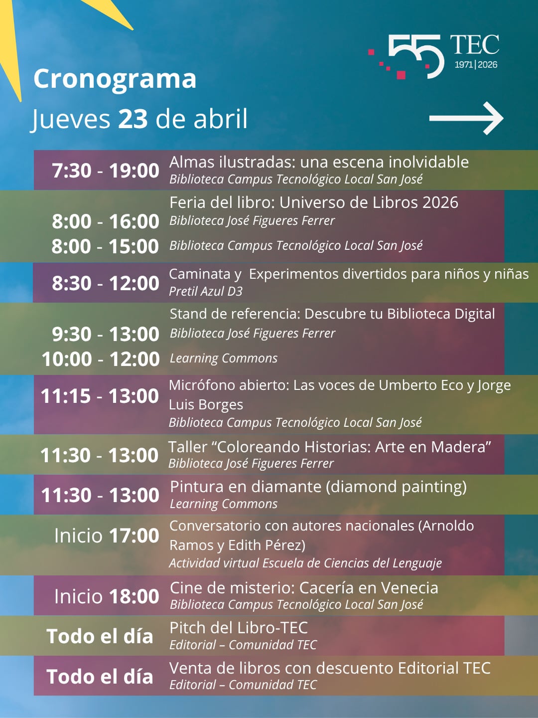 Cronograma de actividades para el Día del Libro en el TEC.