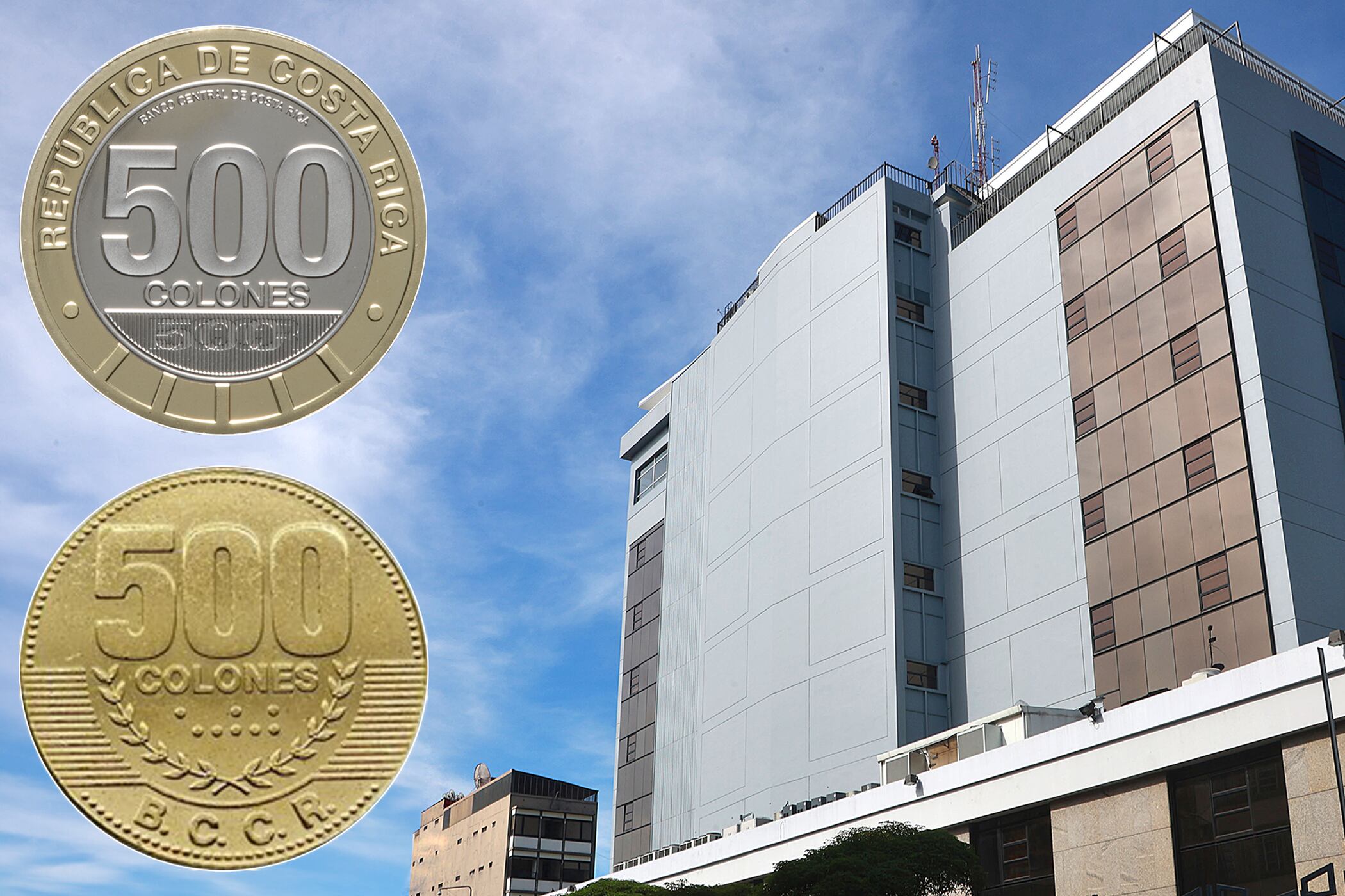 Las dos monedas de ₡500, la que empezó a circular el 20 de enero y la que se encuentra en circulación y que saldrá del cono monetario a partir de julio próximo. A la par de las imagenes, el edificio del BCCR.