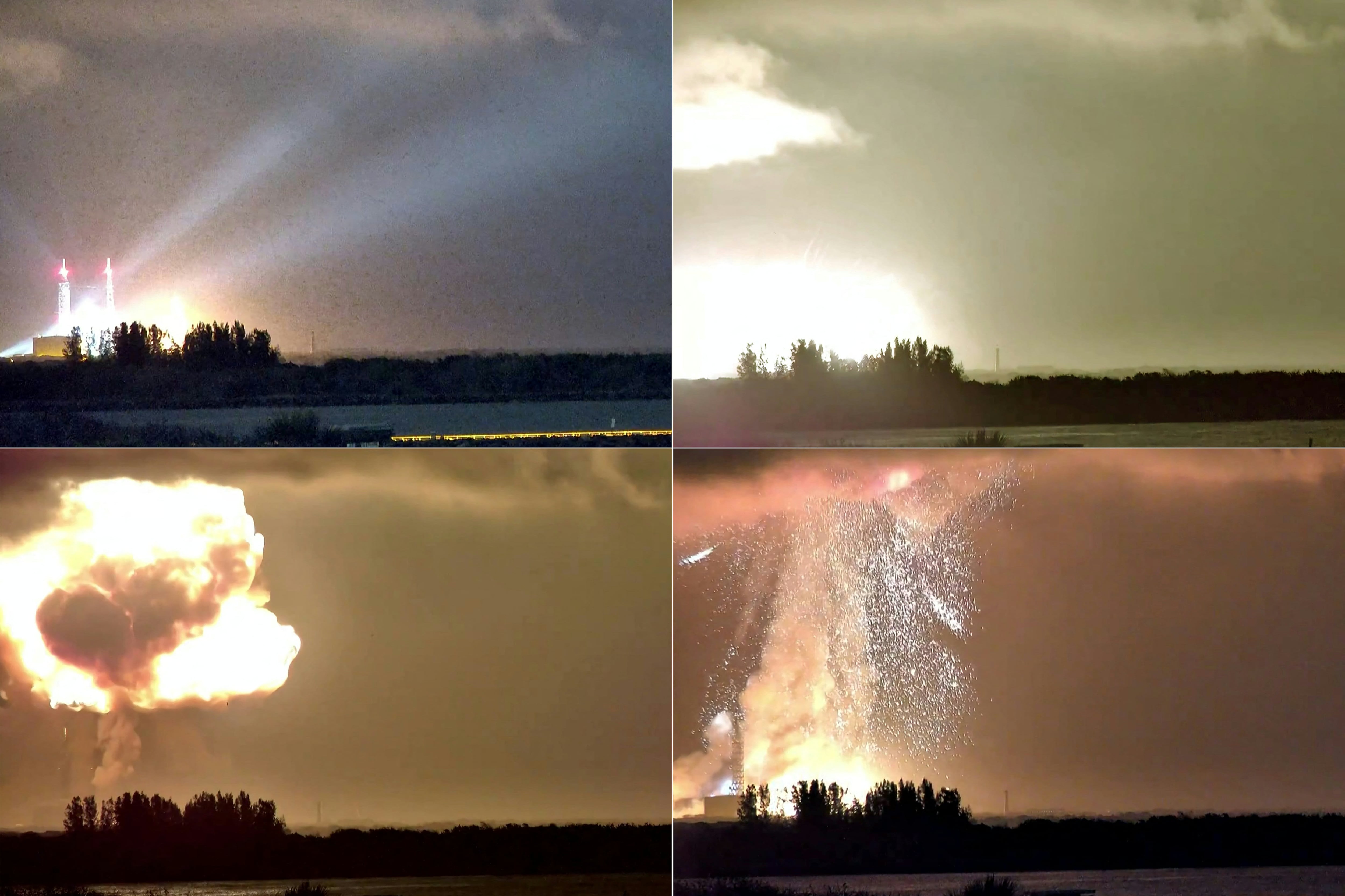 Composición de imágenes que muestra la explosión del cohete New Glenn de Blue Origin durante una prueba de vuelo realizada el 28 de mayo de 2026 en Cabo Cañaveral, Florida. El video, difundido en redes sociales, evidencia cómo salía humo desde la base del cohete antes de que explotara en una enorme bola de fuego. Las autoridades informaron que no se registraron personas heridas. (Foto: AFP / @JConcilus)
