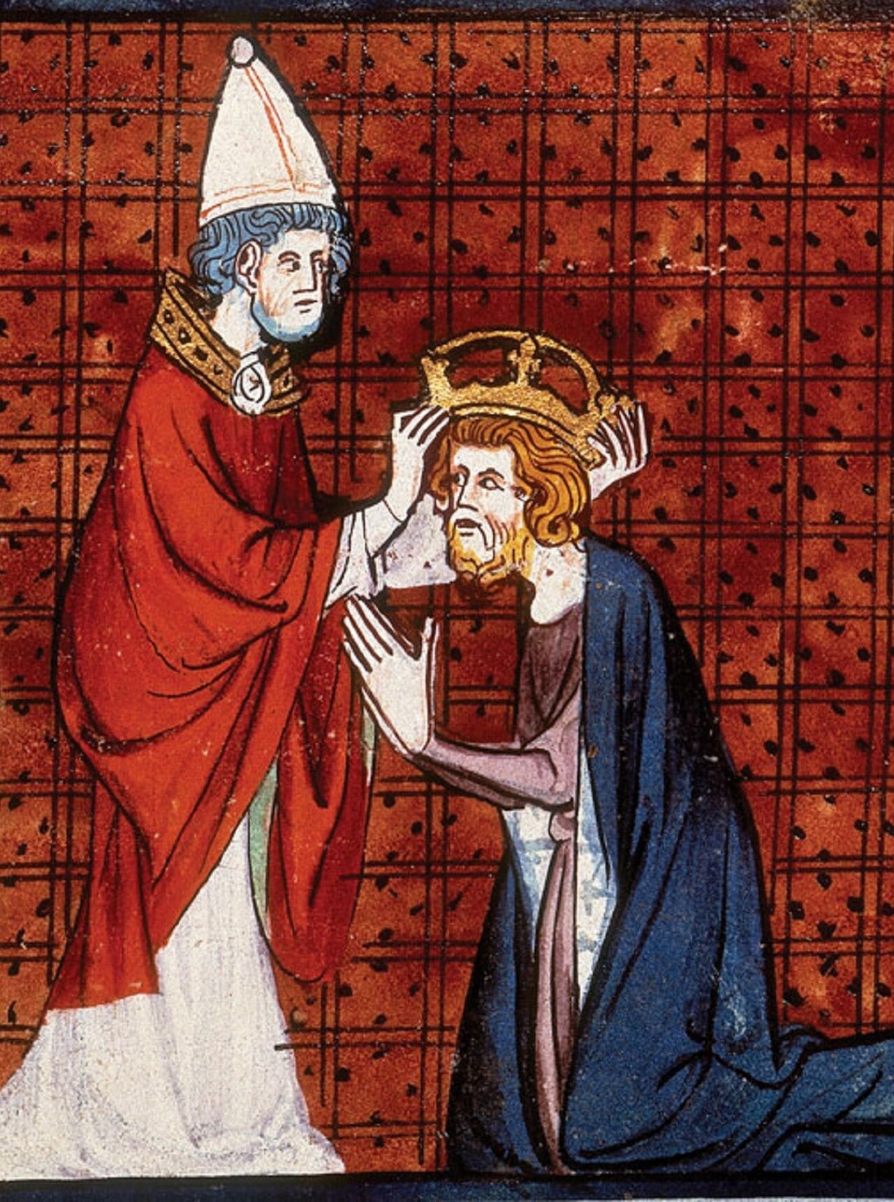El papa León III corona a Carlomagno. Ilustración de las Crónicas de Francia o Crónicas de Saint-Denis, volumen I, realizada en Francia durante el segundo cuarto del siglo XIV.