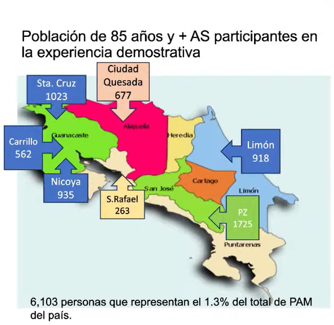 Un mapa de Costa Rica con la cantidad de personas de 85 años y más en cada una de las áreas de salud seleccionadas.