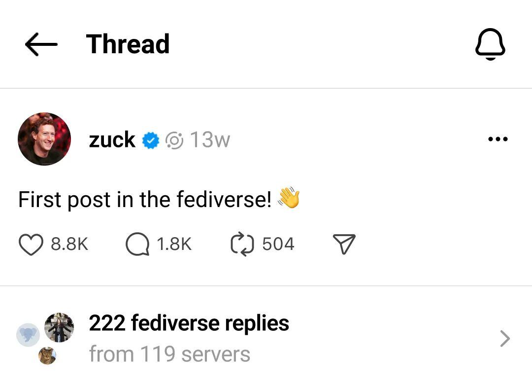 “Primera publicación en el fediverso. Si ves esto y lo activas desde tu perfil, verás que aparecen Me gusta de plataformas federadas en tus publicaciones aquí”, dijo Zuckerberg.