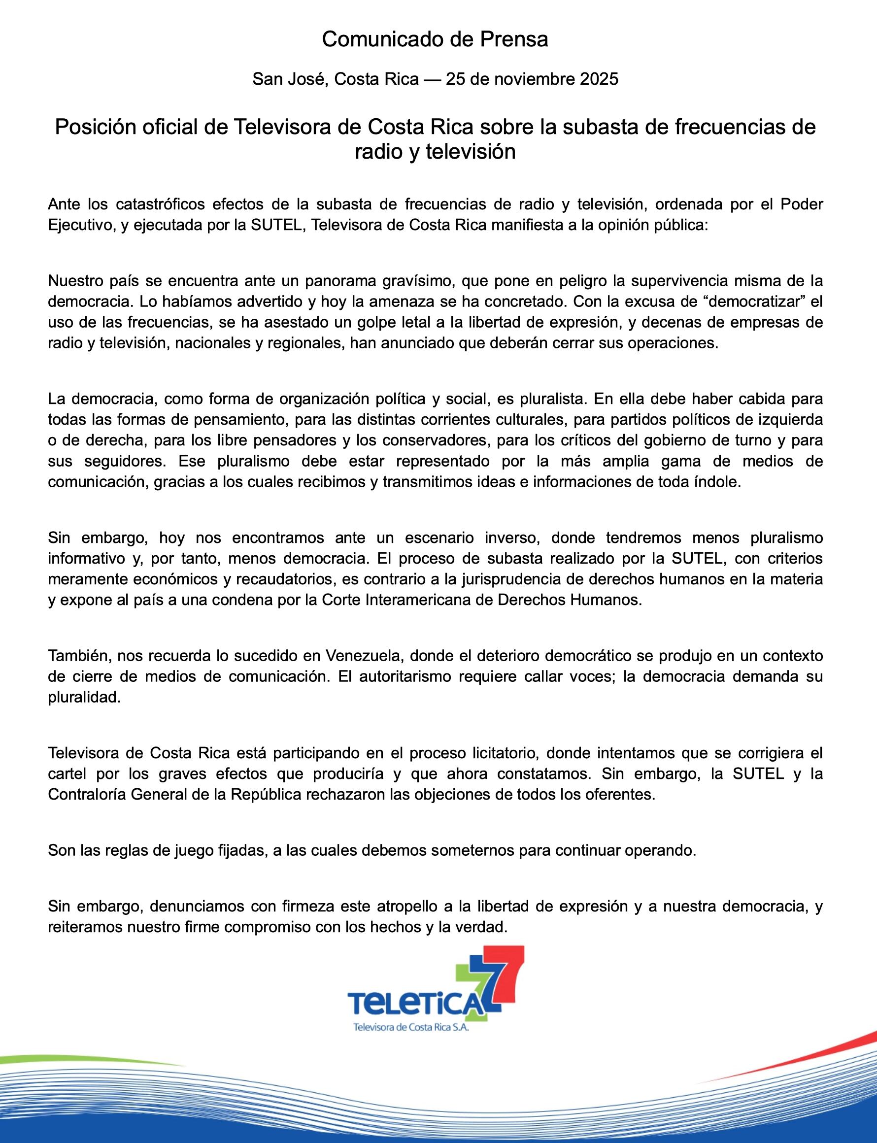 Comunicado de prensa de Teletica sobre subasta de Sutel para radiofrecuencias.