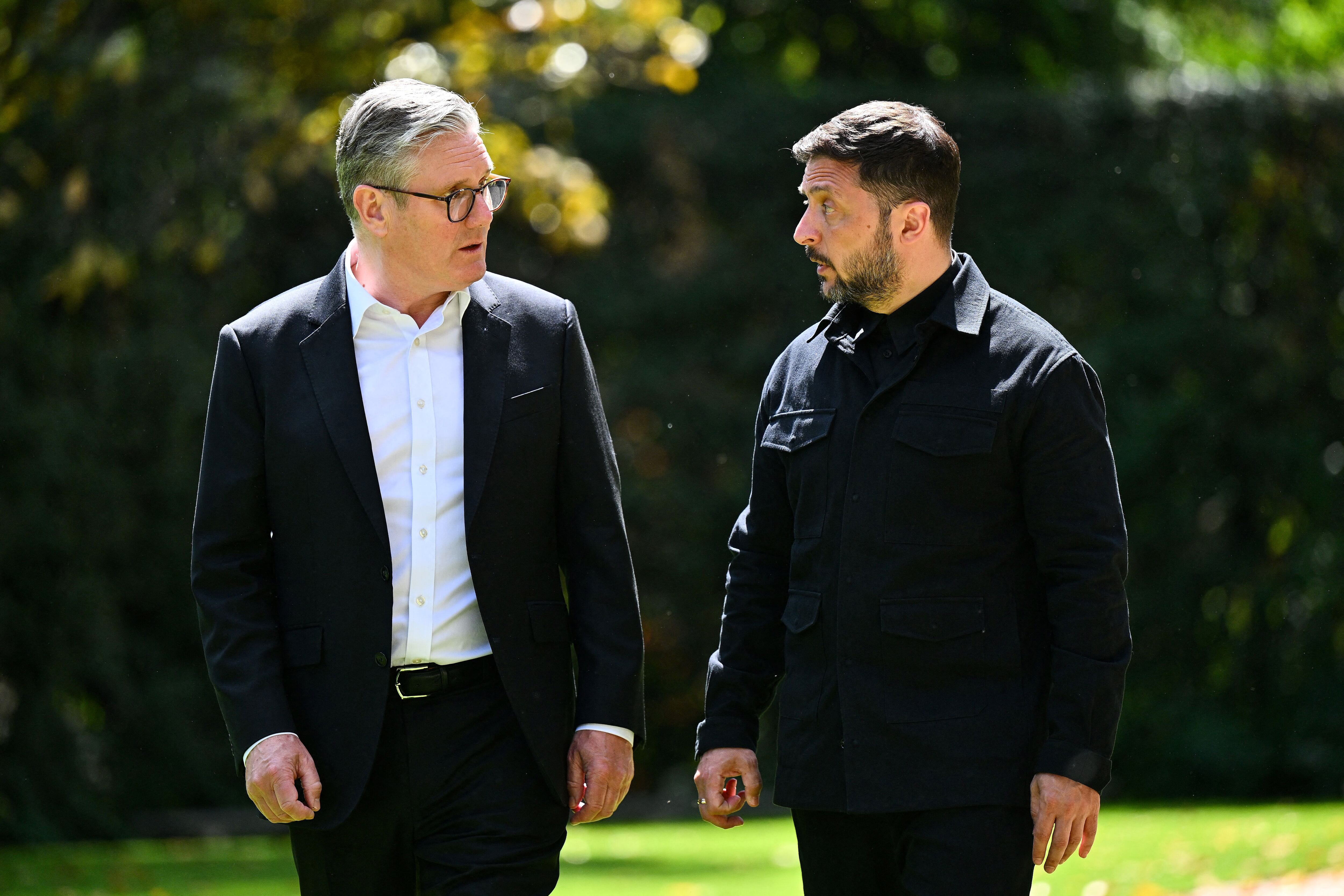 Britain's Prime Minister Keir Starmer (R) and Ukraine's President Volodymyr Zelensky speak together during a bilateral meeting at The Villa Wolkonsky, in Rome, on April 26, 2025, following the funeral service for late Pope Francis (Photo by Marco M. Mantovani / POOL / AFP)