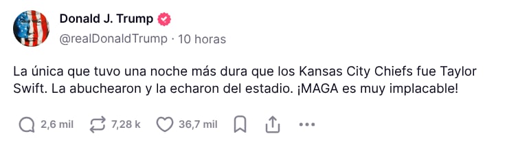 El presidente de Estados Unidos, Donald Trump reaccionó en redes tras los abucheos contra la estrella del pop en la final de la NFL en Nueva Orleans.